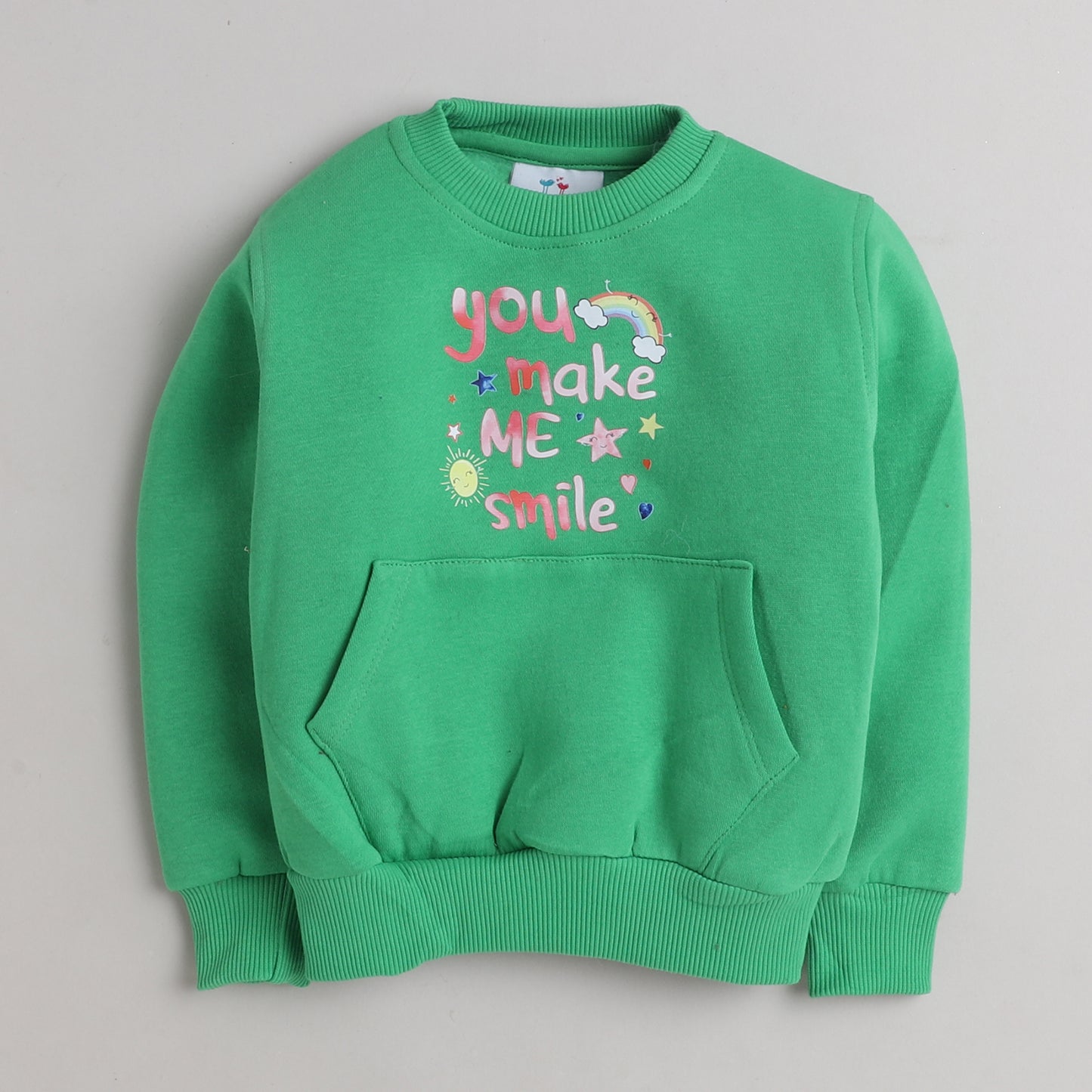 Make Me Smile Print Sweatshirt with Fleece Lining- Green
