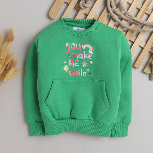 Make Me Smile Print Sweatshirt with Fleece Lining- Green
