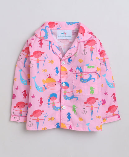 Knitting Doodles Premium cotton Kids' Notched Collar Night suit in Cute Mermaid Print- Pink