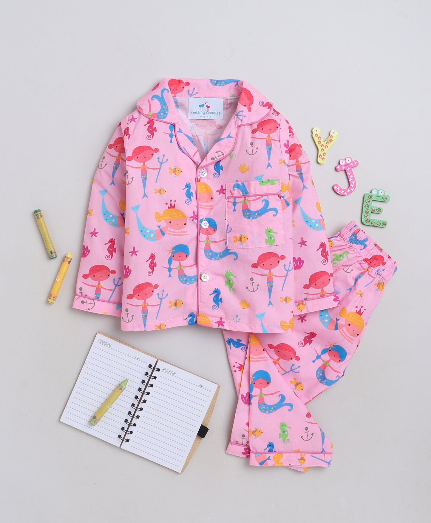 Knitting Doodles Premium cotton Kids' Notched Collar Night suit in Cute Mermaid Print- Pink