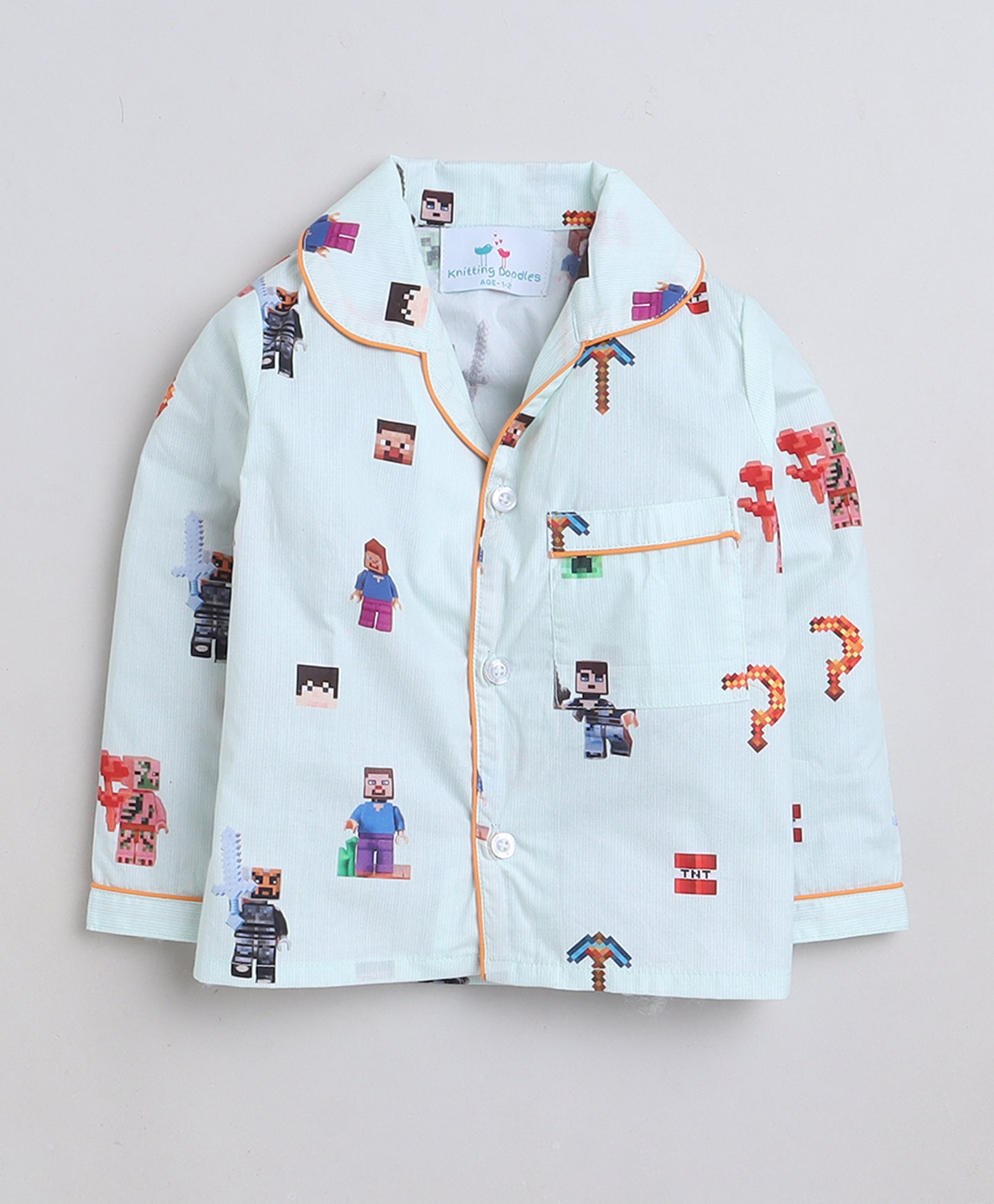 Knitting Doodles Premium cotton Kids' Notched Collar Night suit in Smart Minecraft blocks themed Print- Multi