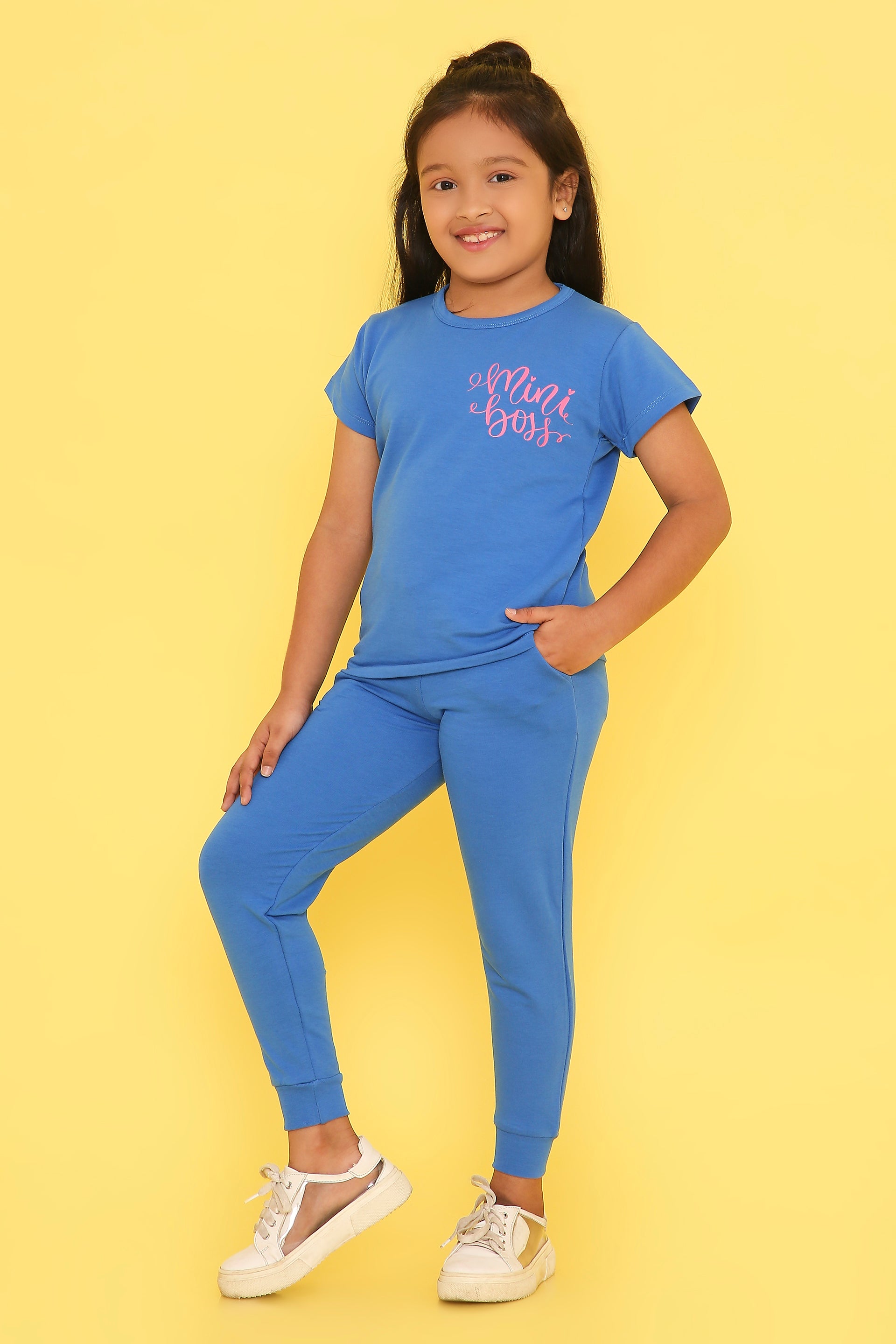 Girls' Terry Jogger Set with Mini Boss Print- Blue – Knitting - Main Image