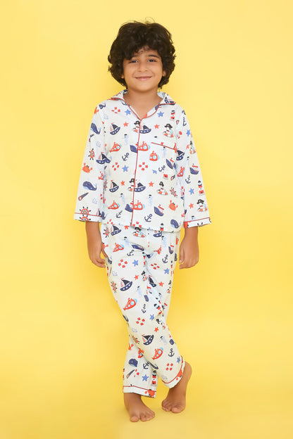 Nuatical Print Night Suit- Light Blue