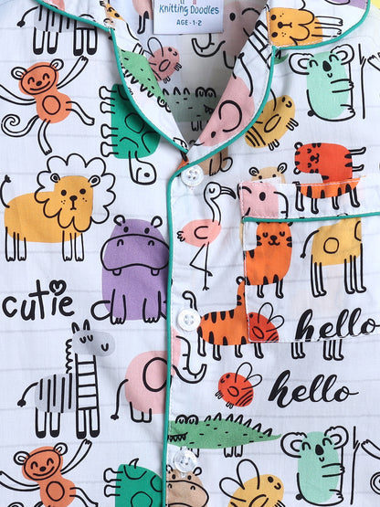Animals Print Nightsuit- White
