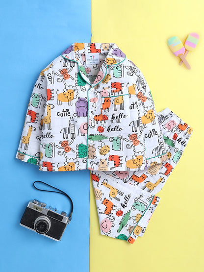 Animals Print Nightsuit- White