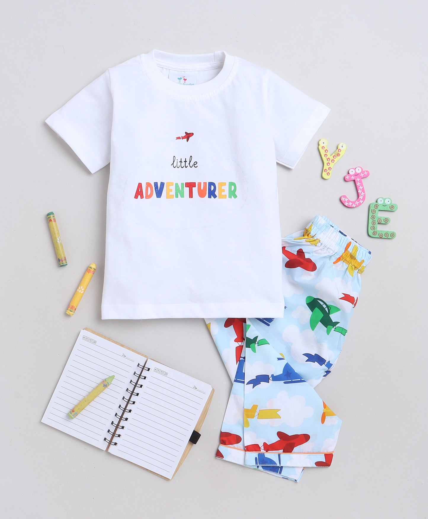 Knitting Doodles Premium Cotton Kids' Night suit with Aeroplane print t-shirt and Pyjama- Blue and White