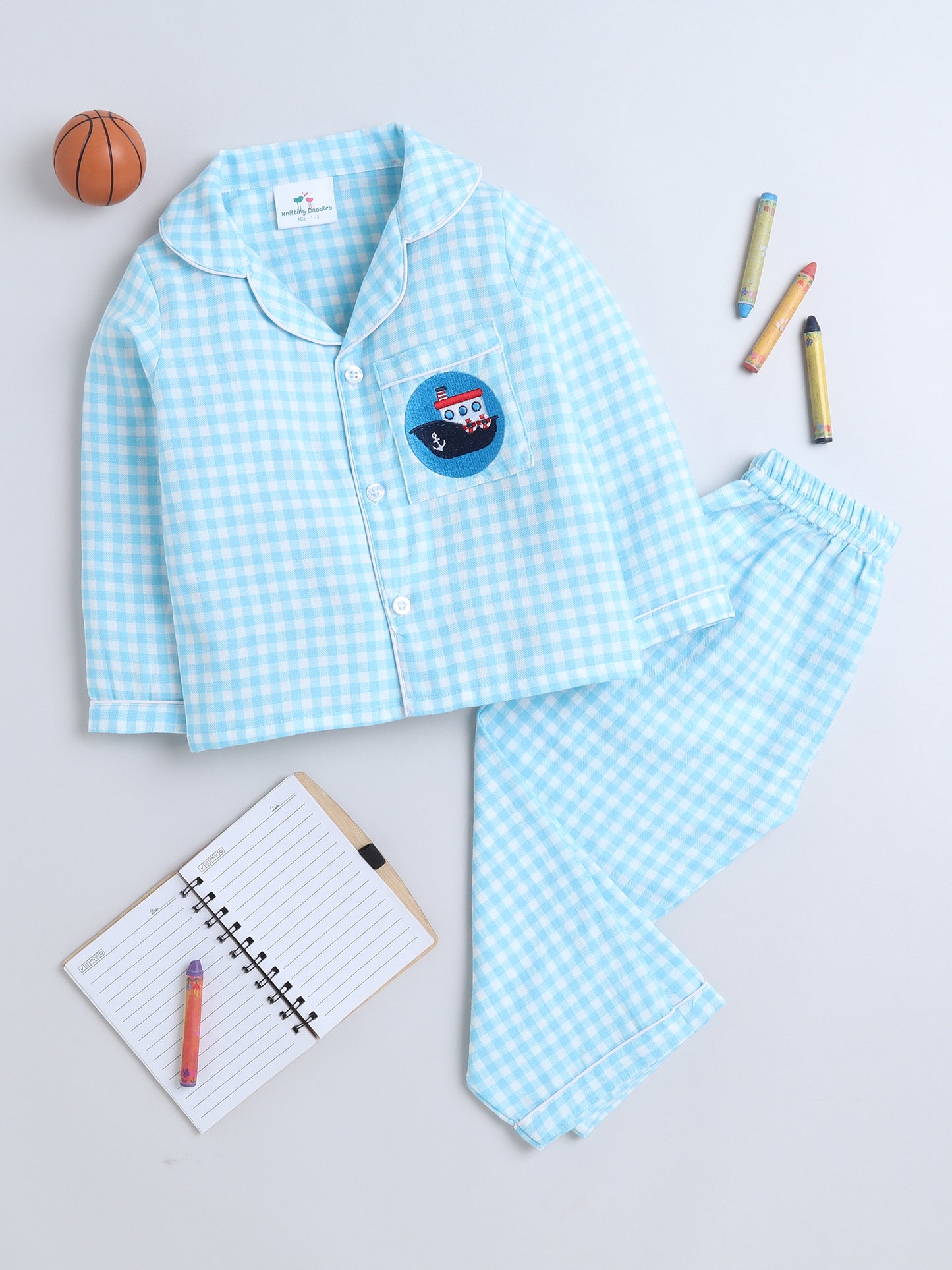 Blue and White Checks Night Suit with smart Boat embroidery on the pocket