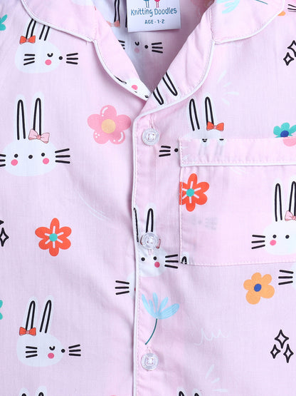 Bunnies Print Nightsuit- Pink