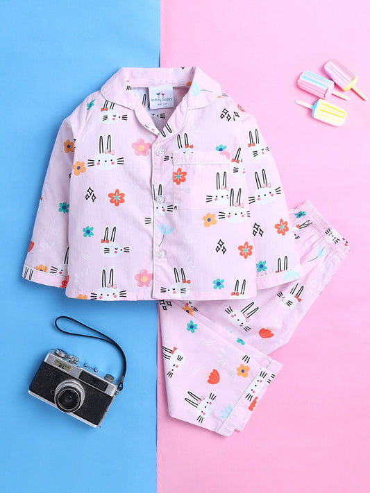 Bunnies Print Nightsuit- Pink
