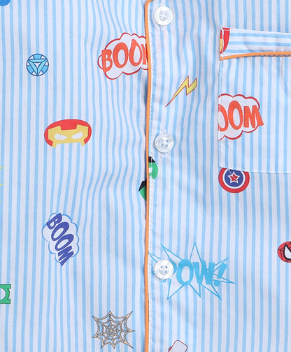 Knitting Doodles Premium cotton Kids' Notched Collar Night suit in Smart Superhero masks themed Print- Blue and white