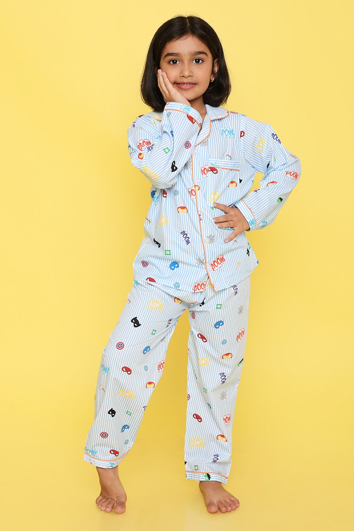 Knitting Doodles Premium cotton Kids' Notched Collar Night suit in Smart Superhero masks themed Print- Blue and white