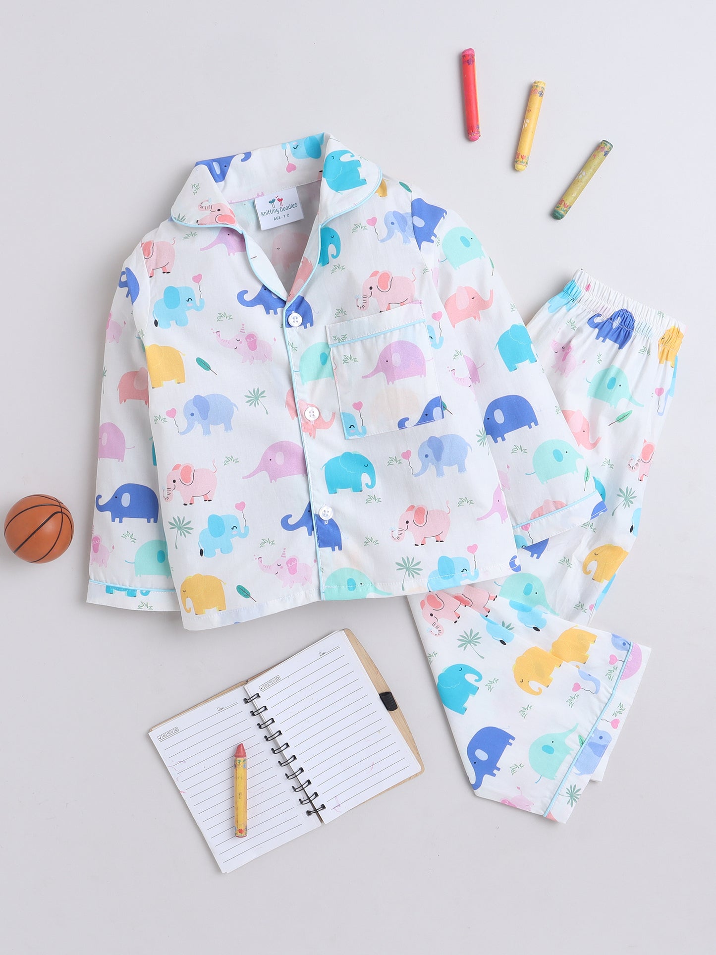 Elephants Print Nightsuit- Off White