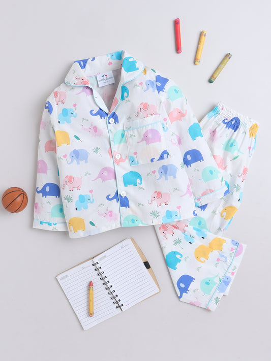Elephants Print Nightsuit- Off White