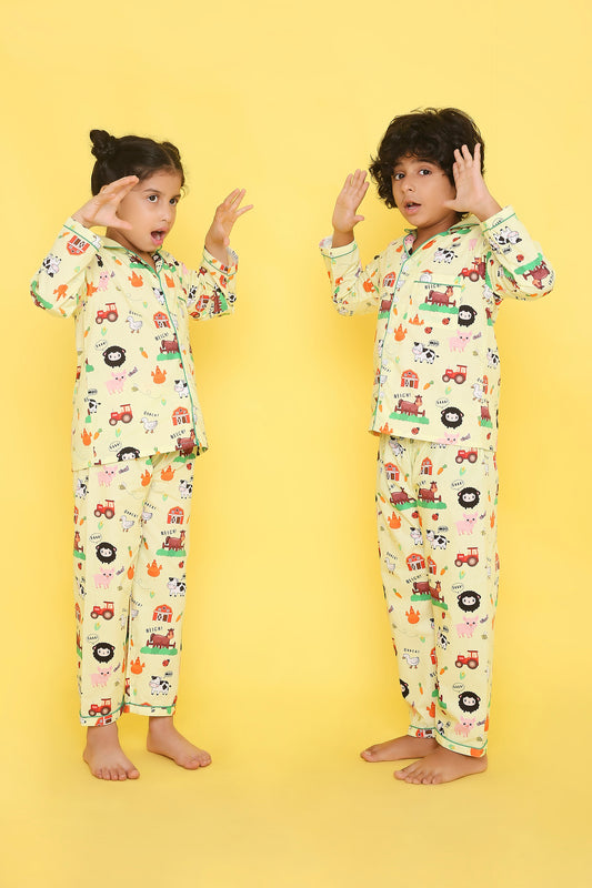 Farm Animals Print Night Suit- Light Yellow