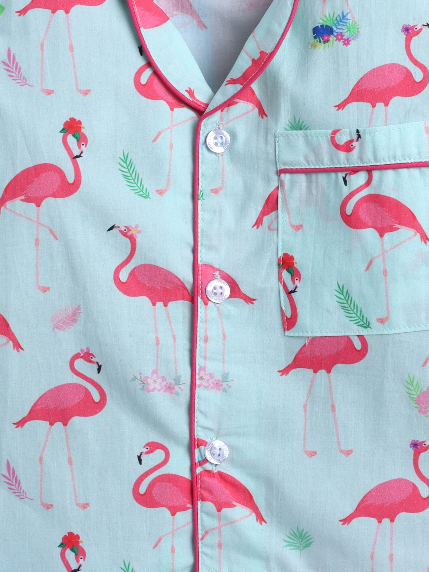Flamingo Print Nightsuit- Light Green
