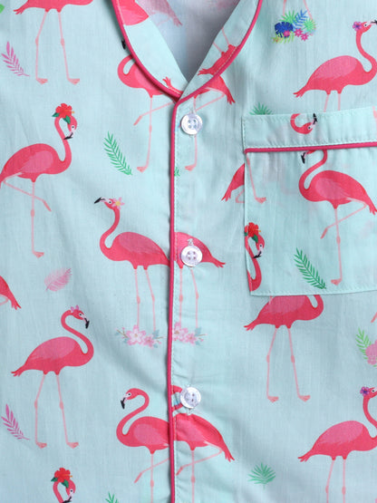 Flamingo Print Nightsuit- Light Green