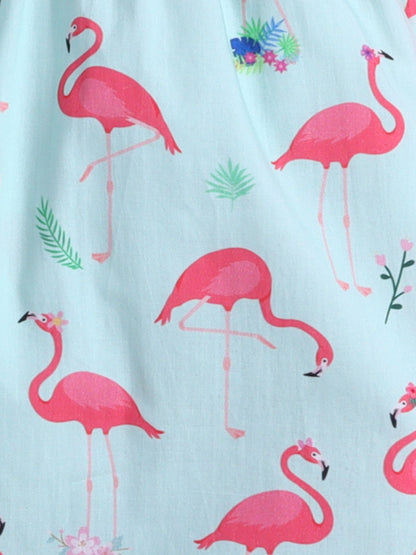 Flamingo Print Nightsuit- Light Green