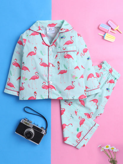 Flamingo Print Nightsuit- Light Green