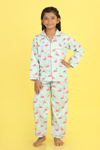 Flamingo Print Nightsuit- Light Green