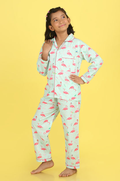 Flamingo Print Nightsuit- Light Green