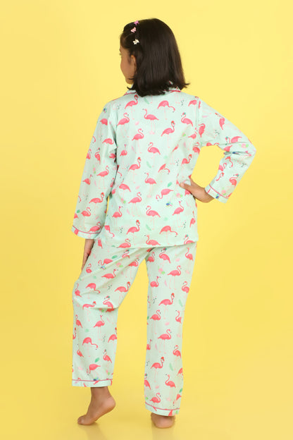 Flamingo Print Nightsuit- Light Green
