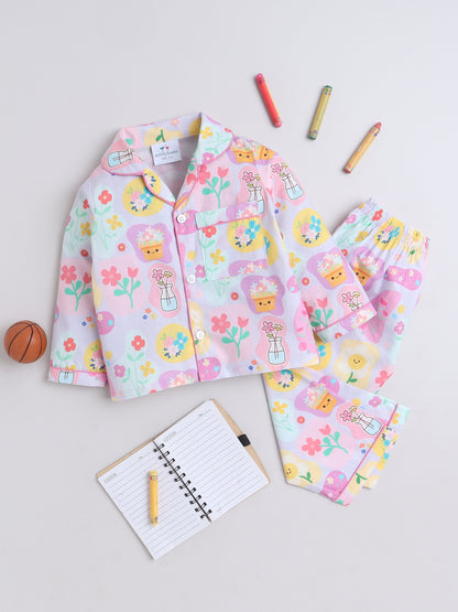Flowers Print Nightsuit- Lilac