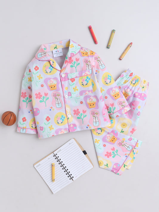 Flowers Print Nightsuit- Lilac