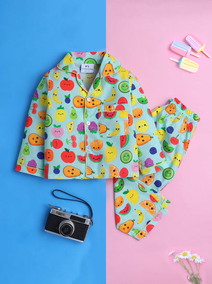 Fruits Print Nightsuit- Light Blue