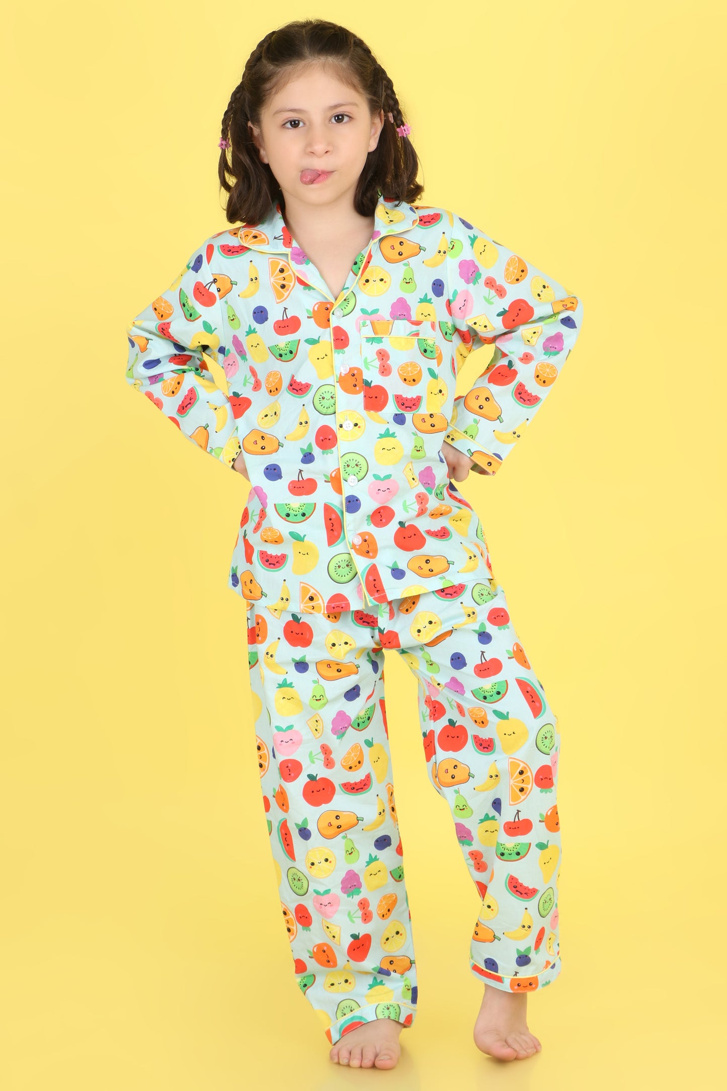 Fruits Print Nightsuit- Light Blue