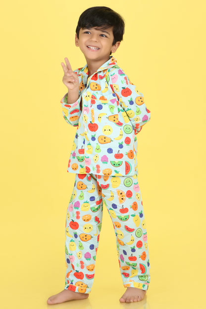 Fruits Print Nightsuit- Light Blue