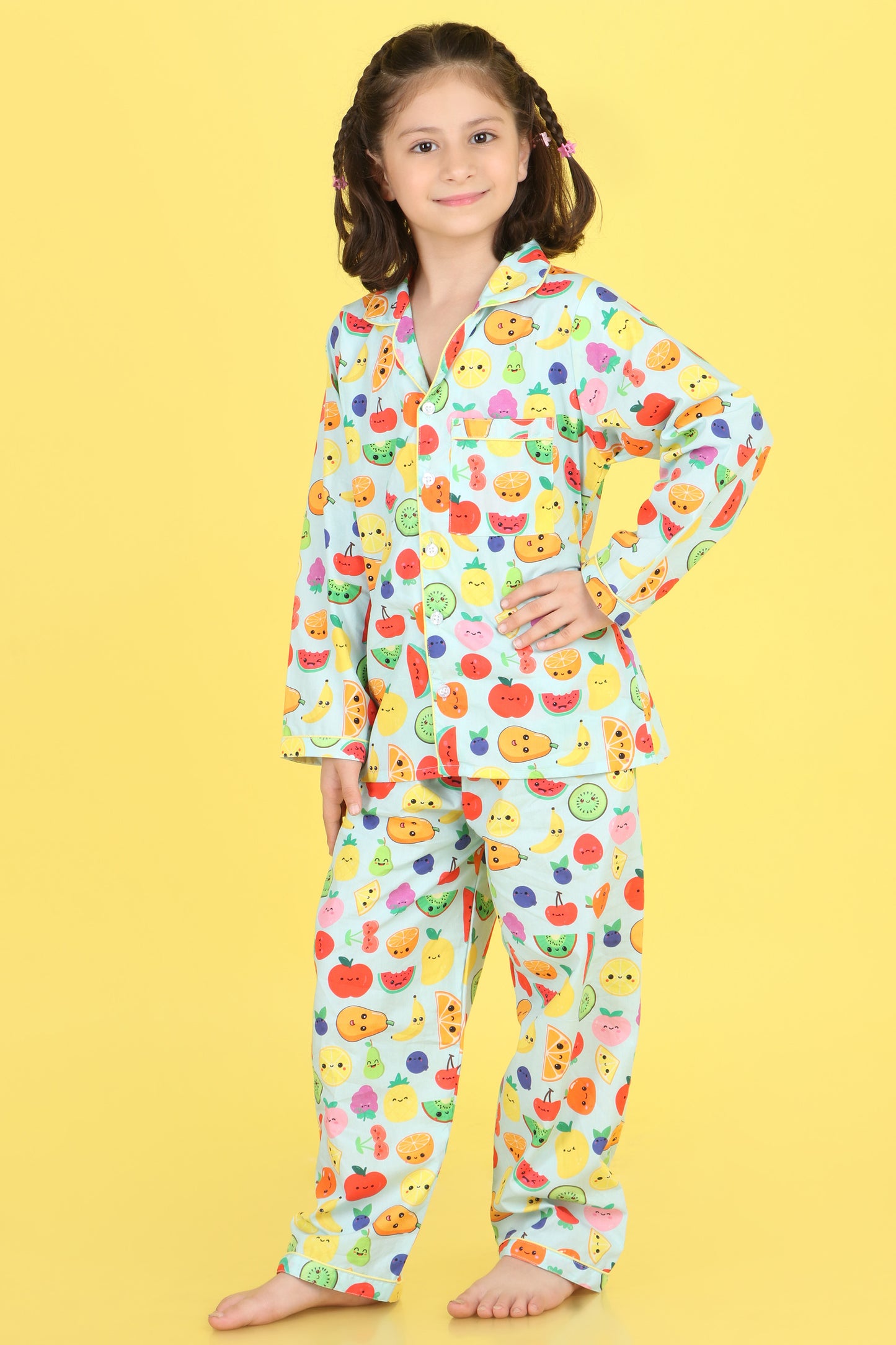 Fruits Print Nightsuit- Light Blue