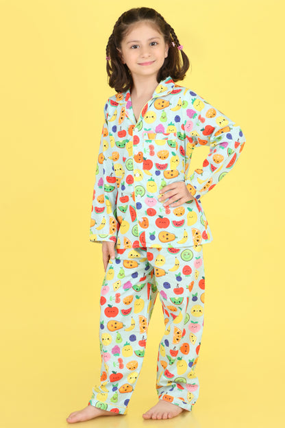 Fruits Print Nightsuit- Light Blue