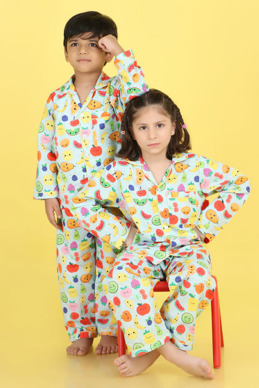 Fruits Print Nightsuit- Light Blue