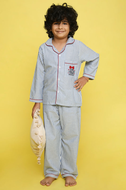 Blue and White Stripes Night Suit with cute Mama's Boy embroidery on the pocket