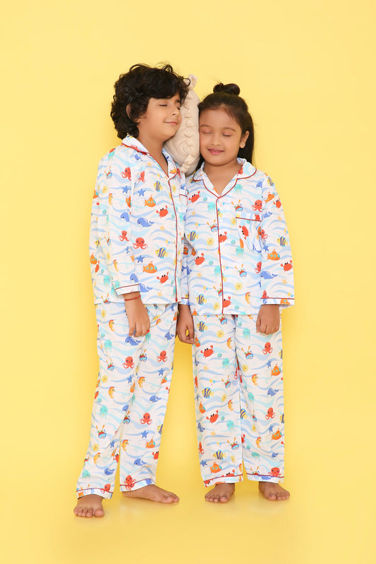 Fishes Print Night Suit- Light Blue