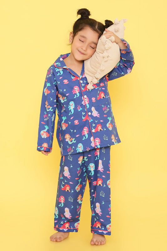Mermaids Print Night Suit- Blue