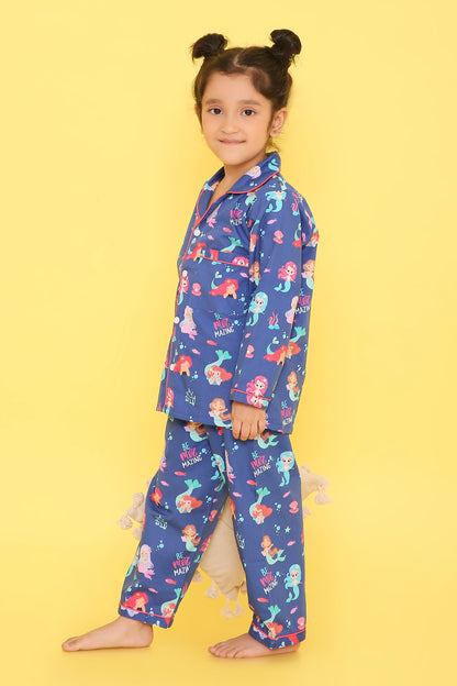Mermaids Print Night Suit- Blue