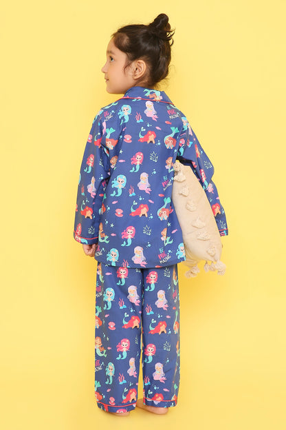 Mermaids Print Night Suit- Blue
