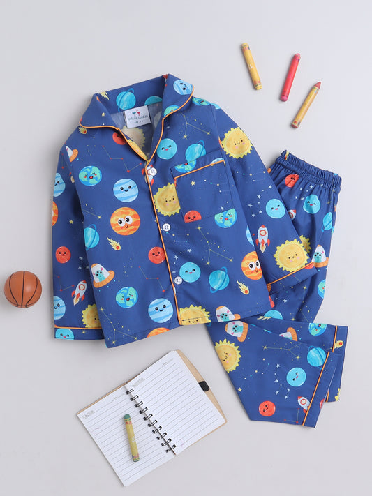 Space and Planets Print Nightsuit- Blue
