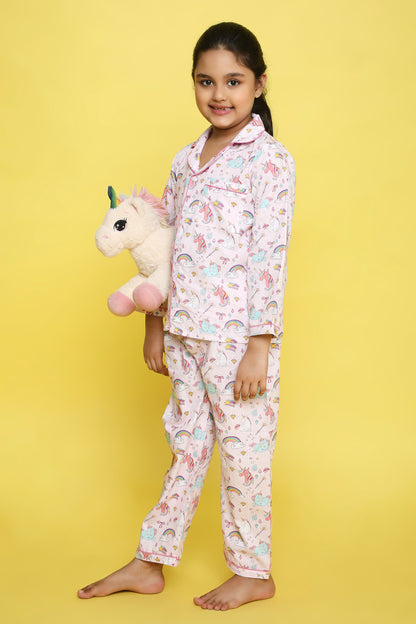 Unicorn Print Night Suit- White and Pink