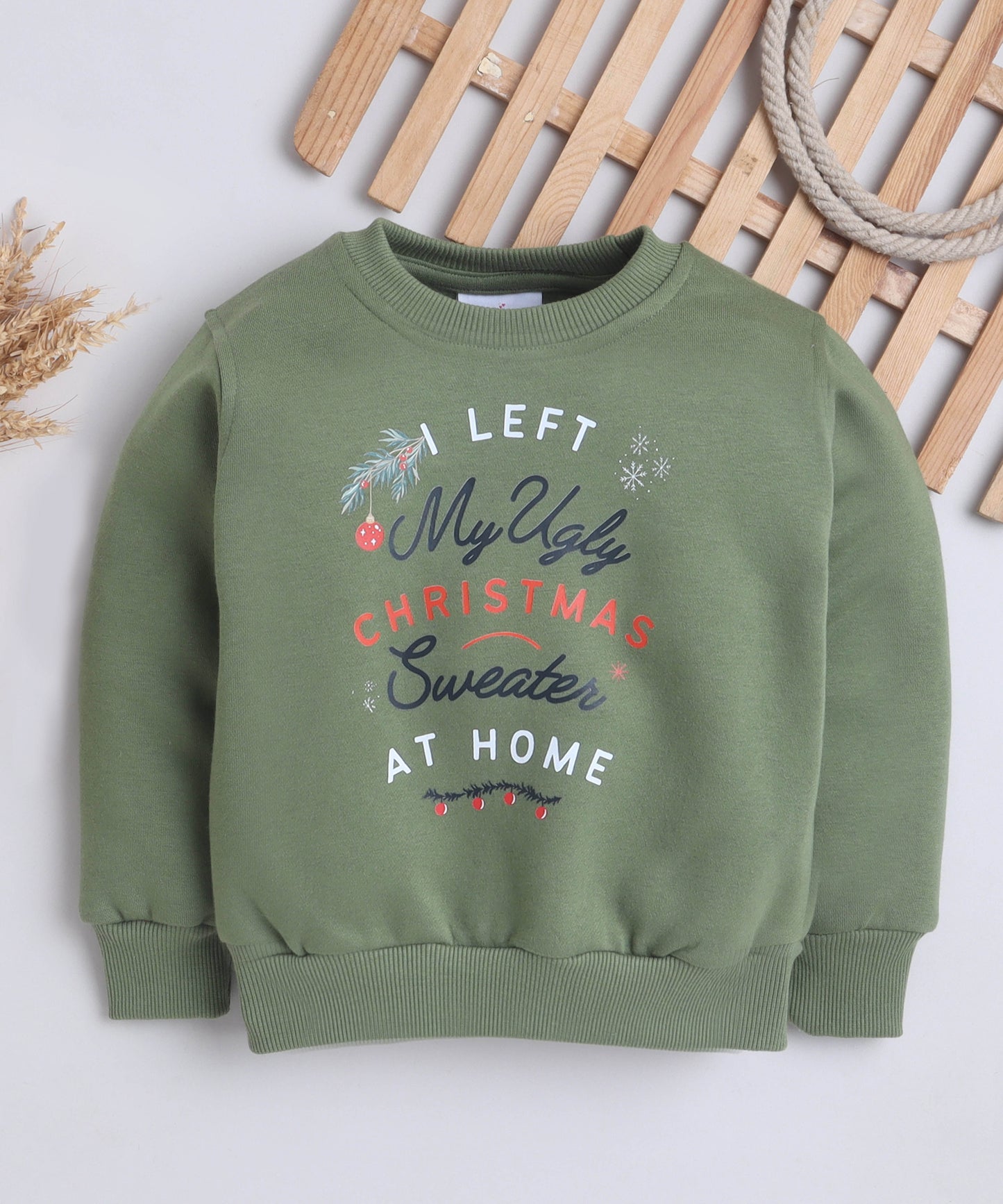Christmas Sweatshirt with Fleece Lining- Olive