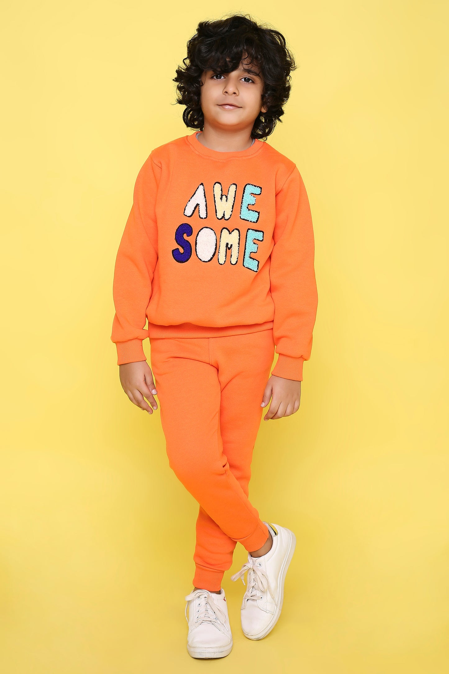 Knitting Doodles Kids' Jogger Set with Warm Fleece and Smart Awesome Embroidery- Orange