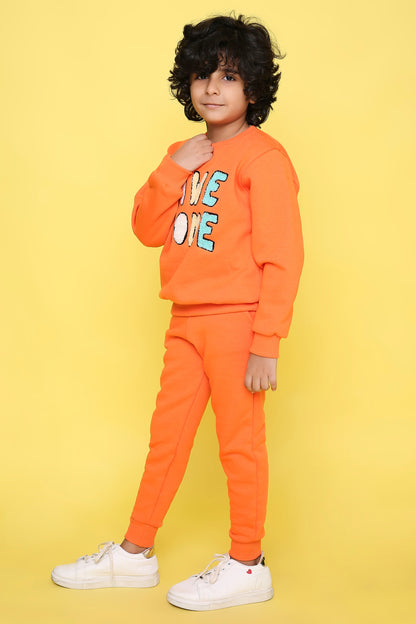 Knitting Doodles Kids' Jogger Set with Warm Fleece and Smart Awesome Embroidery- Orange