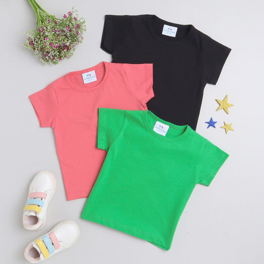 Knitting Doodles Pure cotton Solid Girls' t-shirts pack of 3- Black, Pink and Green