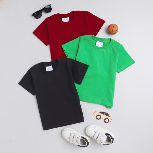Knitting Doodles Pure cotton Solid Boys' t-shirts pack of 3- Red, Black and Green
