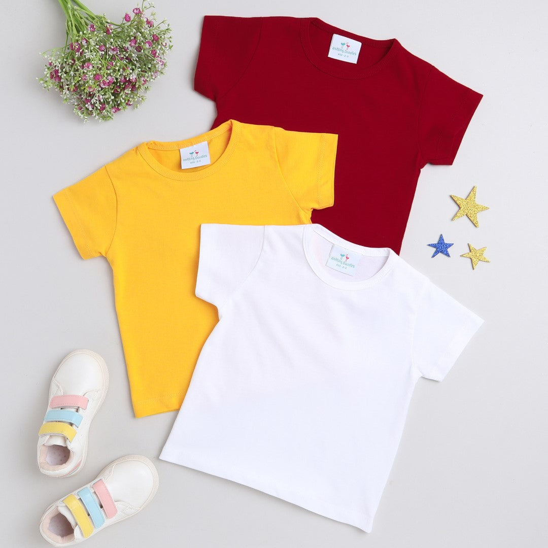 Knitting Doodles Pure cotton Solid Girls' t-shirts pack of 3- White, red and yellow