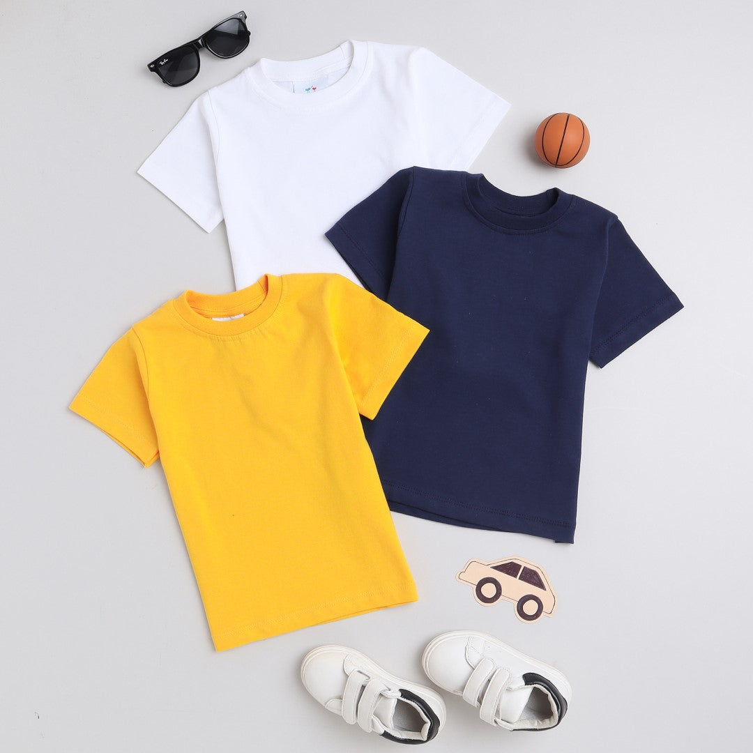 Knitting Doodles Pure cotton Solid Boys' t-shirts pack of 3- White, Blue and Yellow