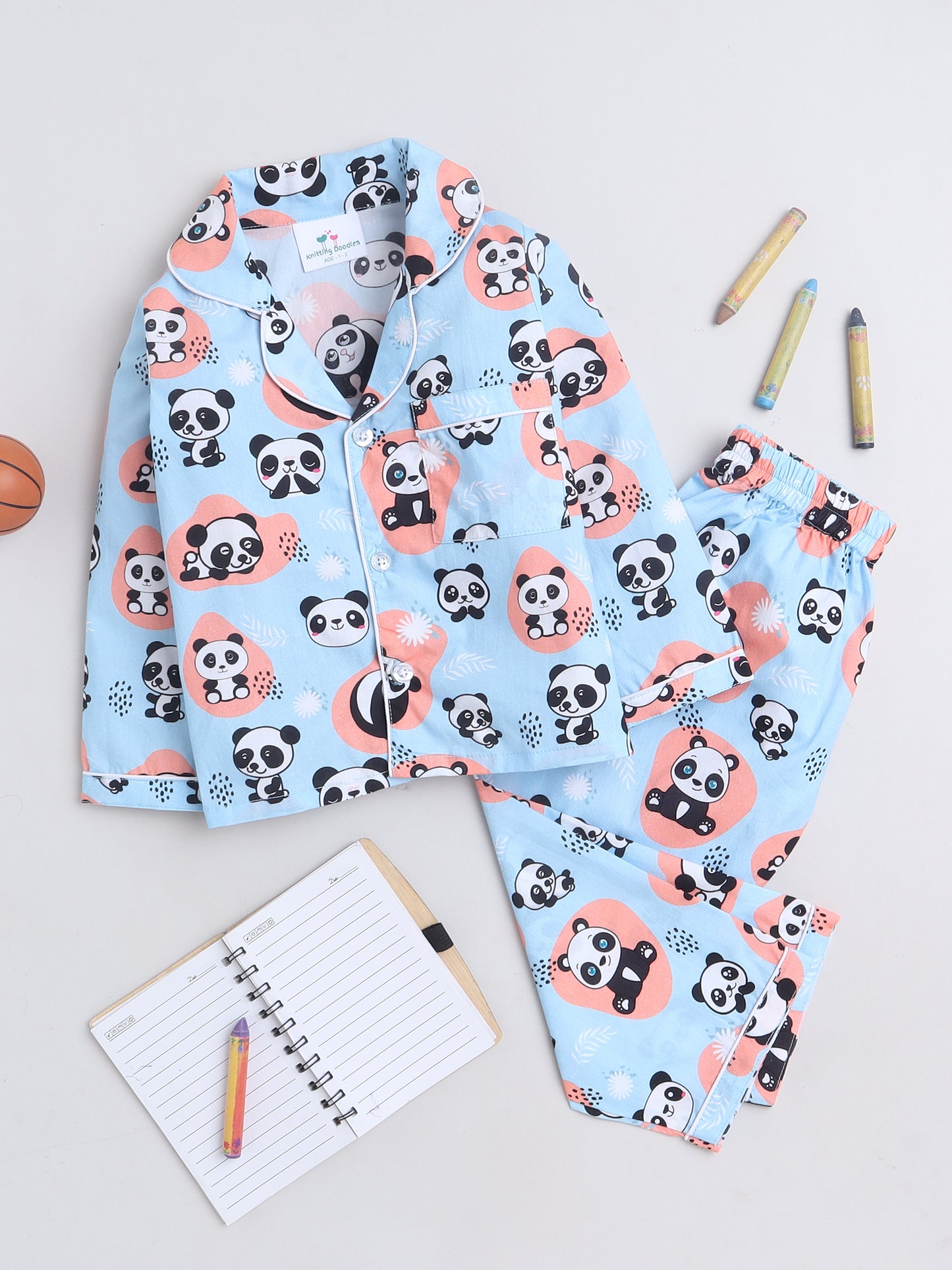 Panda Print Night Suit- Light Blue