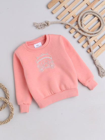 Knitting Doodles Kids' Sweat Shirt with Warm Fleece and Pretty Carriage in Bead Work- Peach
