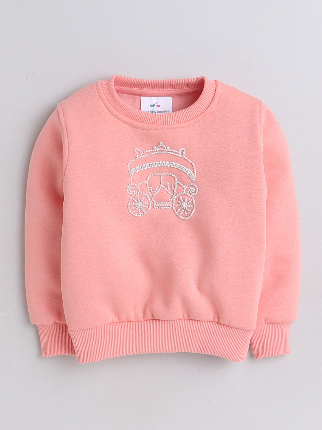 Knitting Doodles Kids' Jogger Set with Warm Fleece and Pretty Carriage in Bead Work- Peach